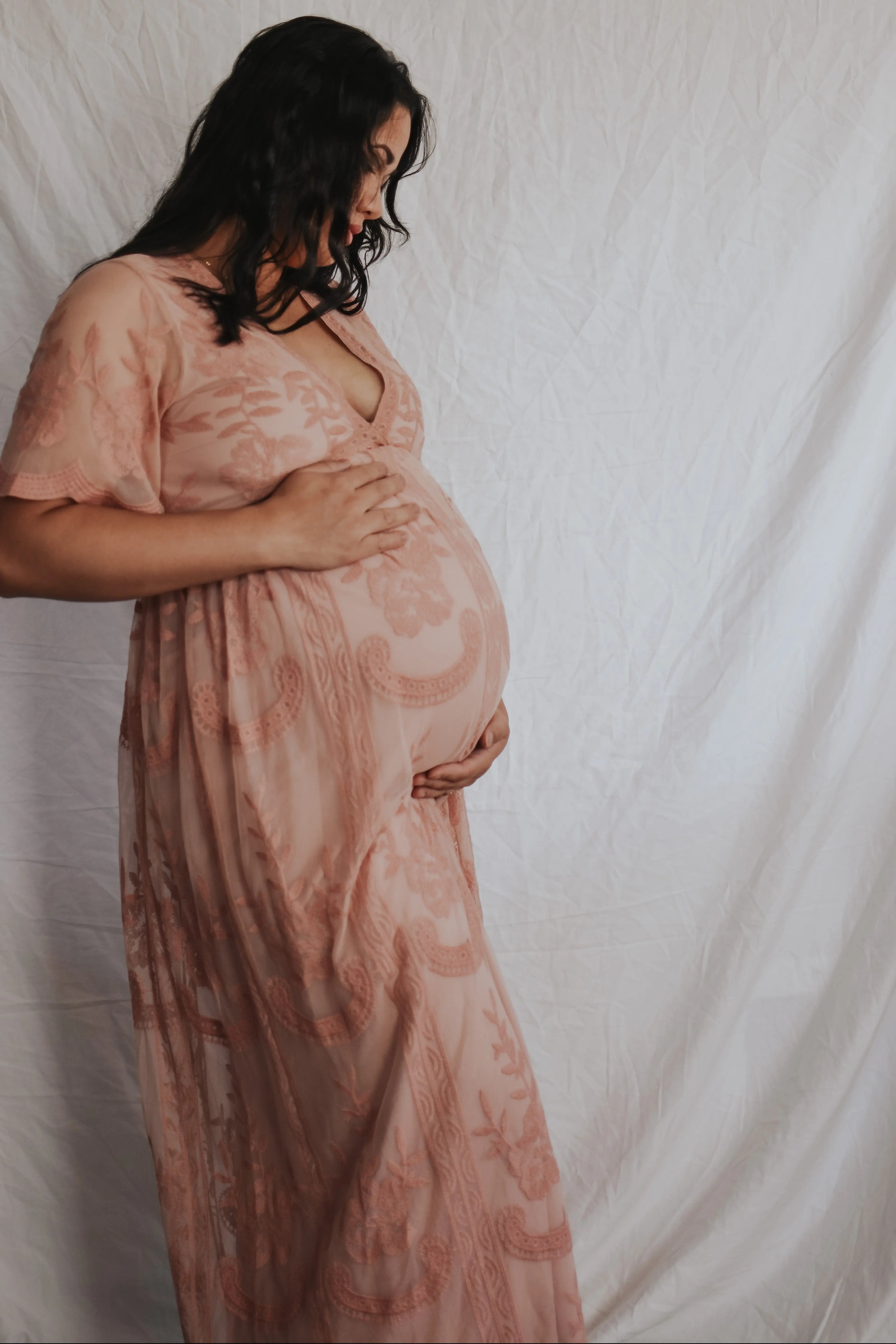 Light Pink Lace Mesh Overlay Maternity Maxi Dress With Flutter Sleeves PinkBlush