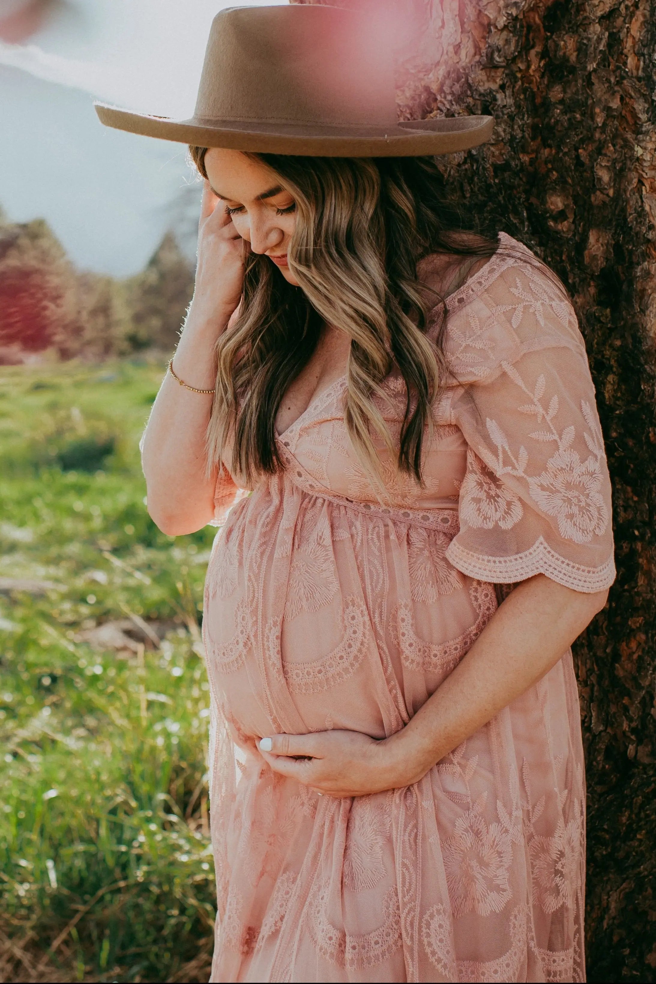 Light Pink Lace Mesh Overlay Maternity Maxi Dress With Flutter Sleeves PinkBlush