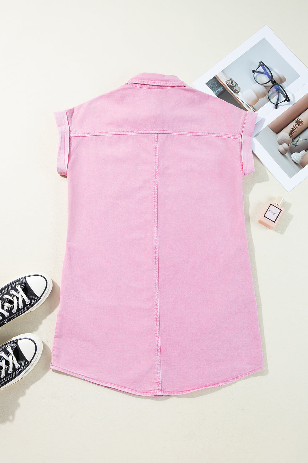 Pink Short Sleeve Denim Shirt Dress with Double Chest Pockets