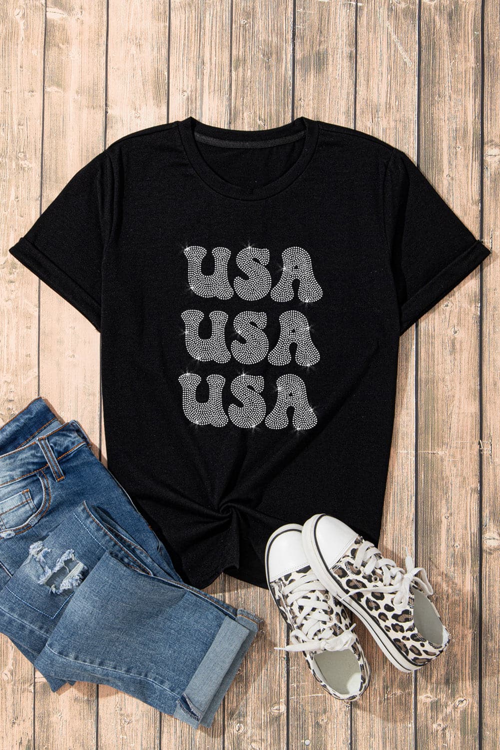 USA Rhinestone Round Neck Short Sleeve T-Shirt.