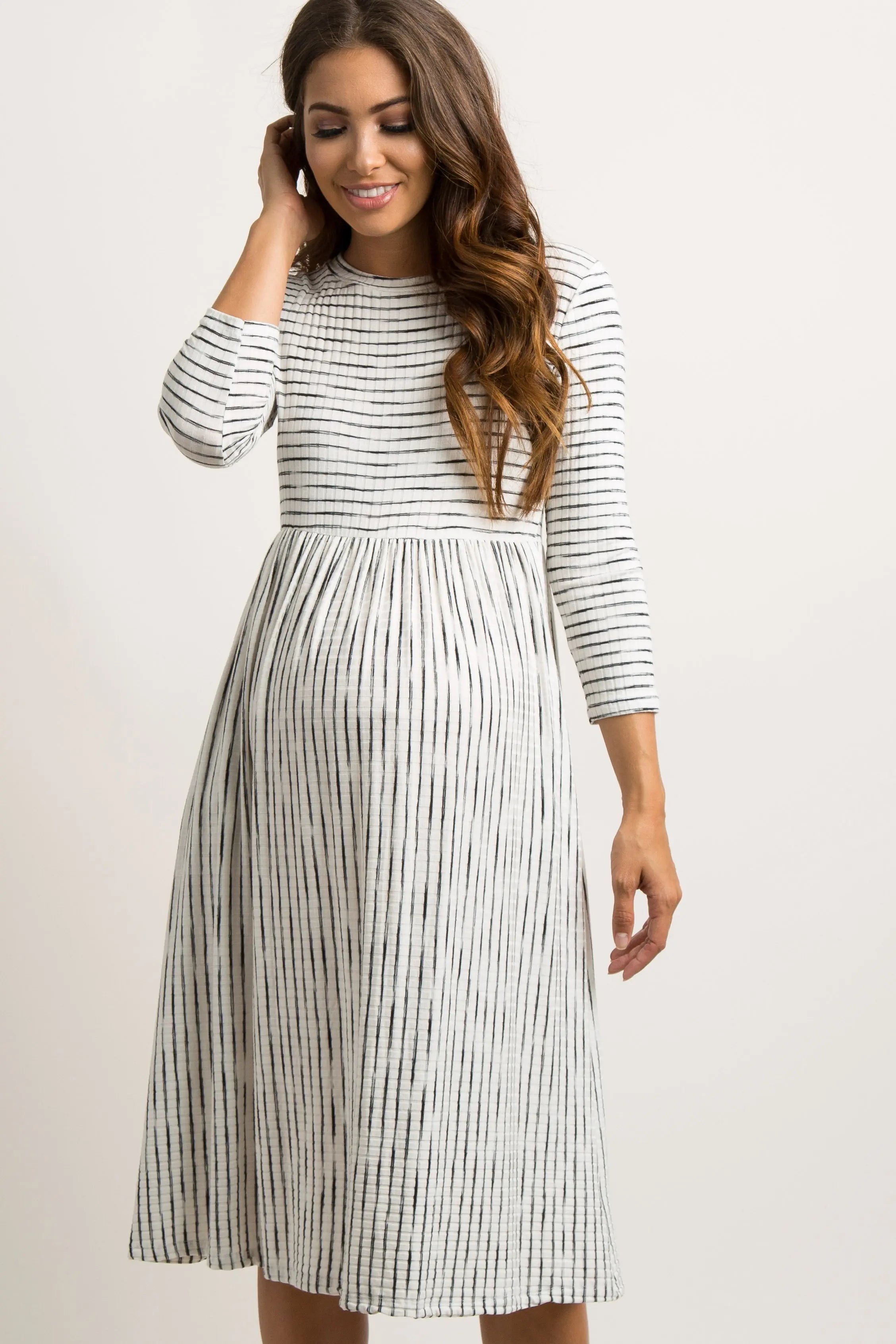 Ivory Ribbed Striped Maternity Midi Dress PinkBlush