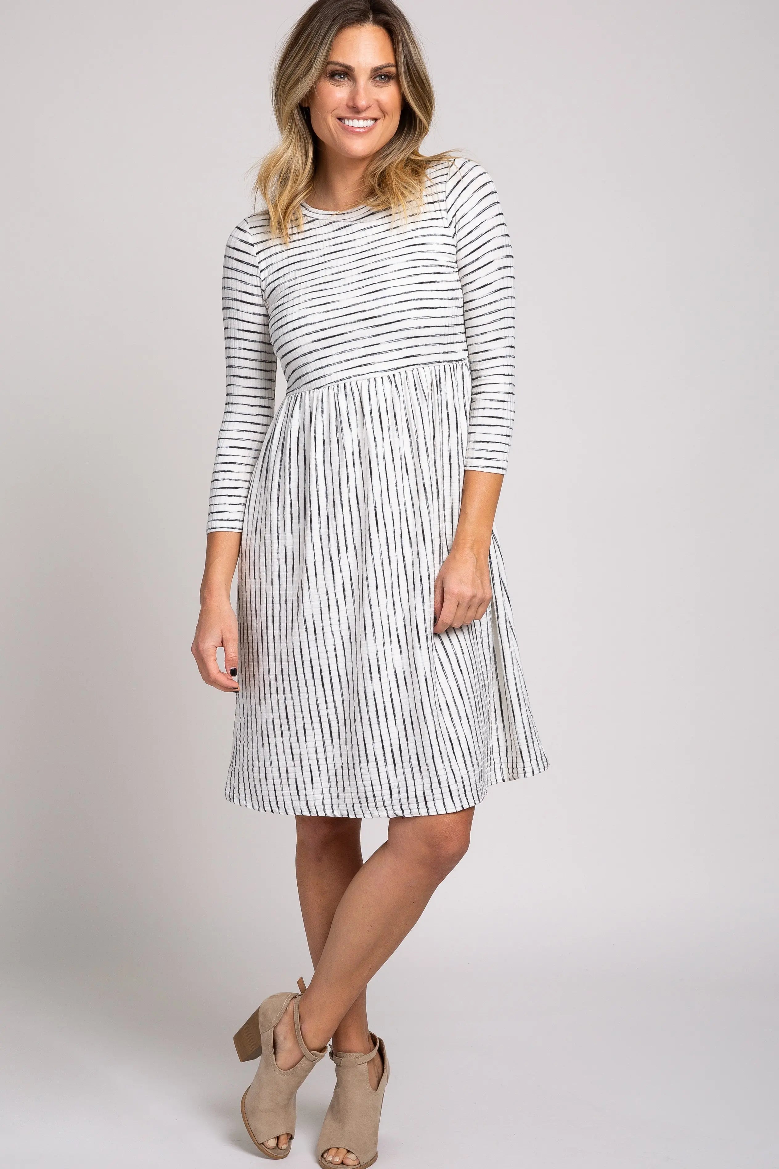 Ivory Ribbed Striped Pleated Midi Dress With Cinched Waist PinkBlush