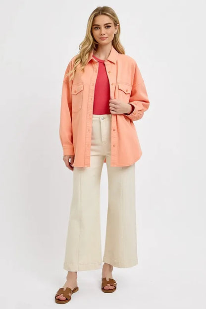 Risen Full Size Button Down Long Sleeve Denim Shacket with Chest Pockets Plus Size - Love Salve 