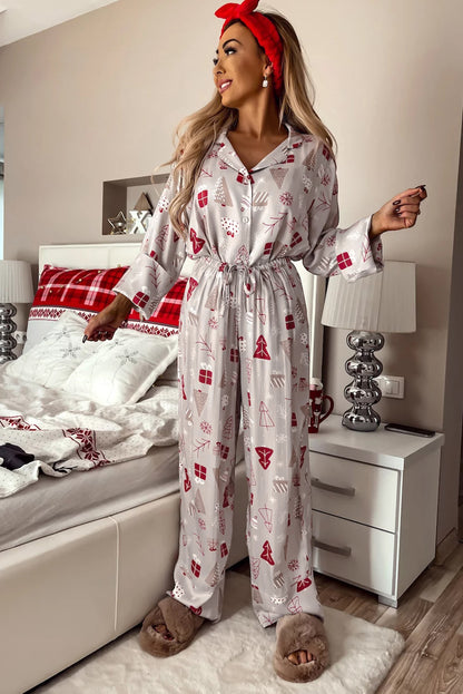 Cozy light grey Christmas pajama set with printed shirt and pants