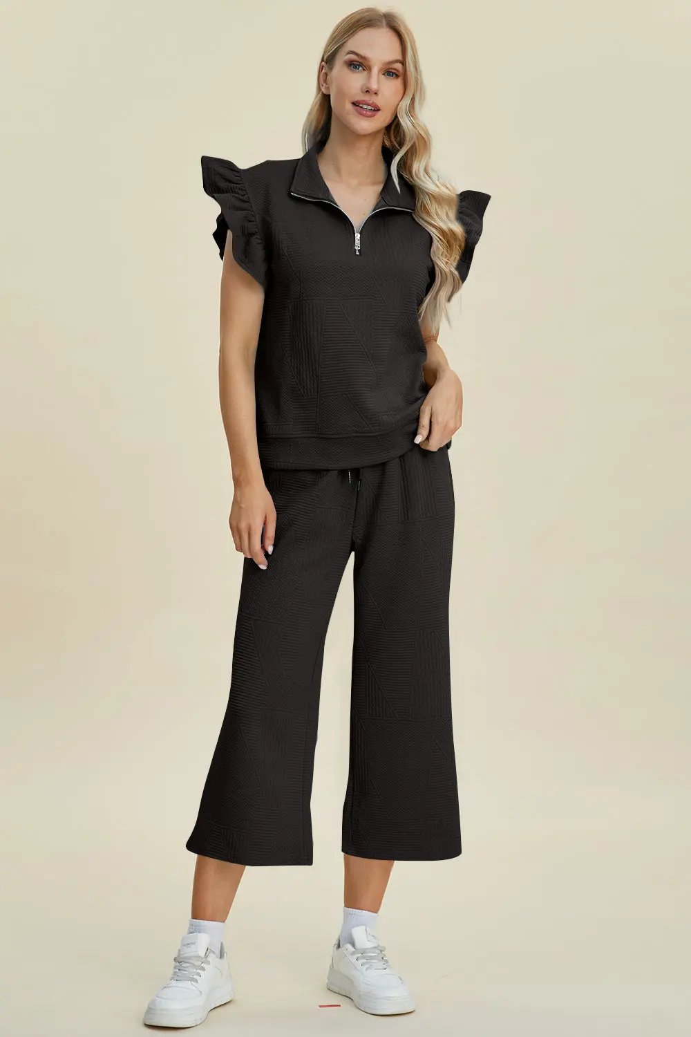 Double Take Full Size Texture Ruffle Short Sleeve Top and Wide Leg Pants Set - Love Salve
