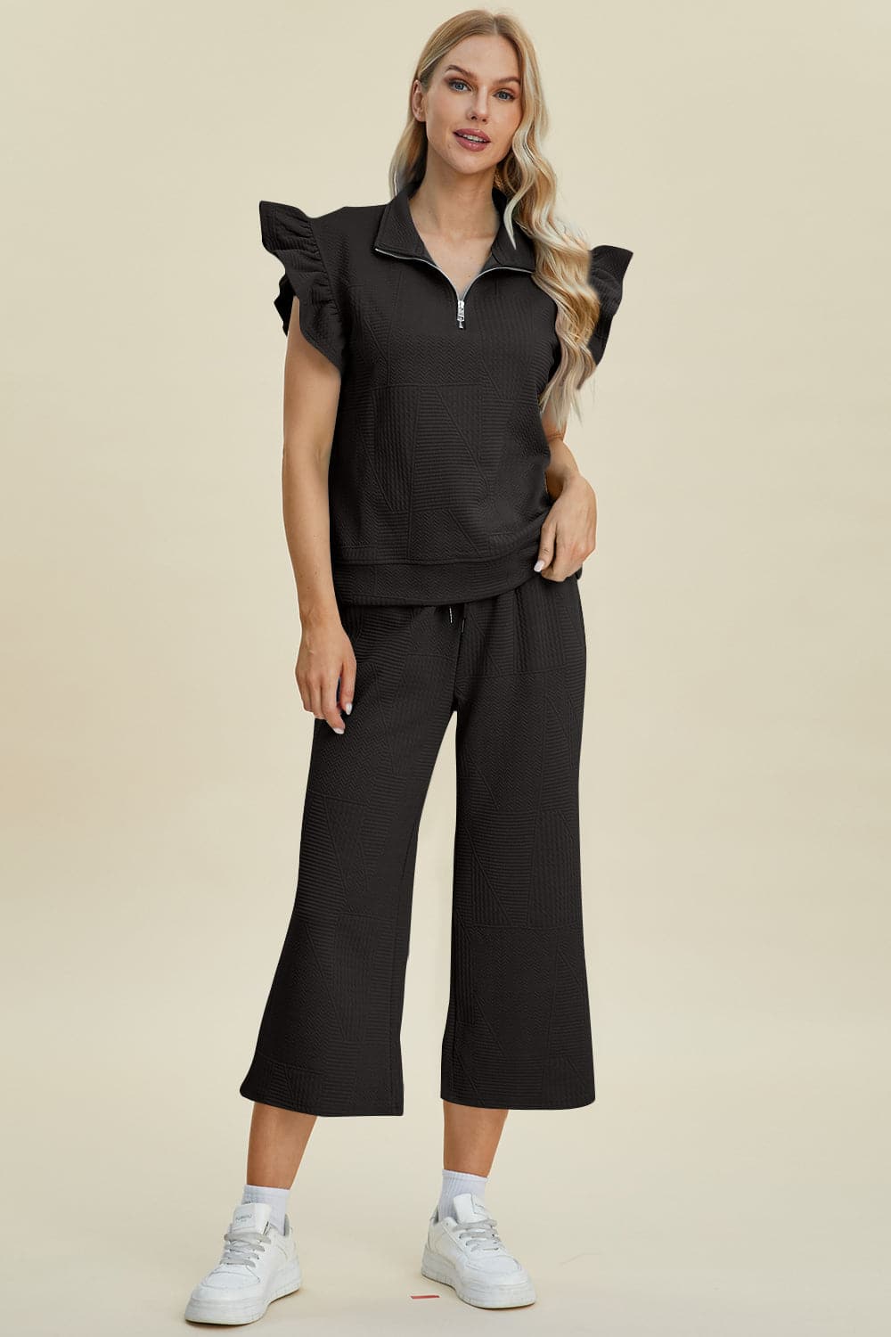 Double Take Full Size Texture Ruffle Short Sleeve Top and Wide Leg Pants Set.