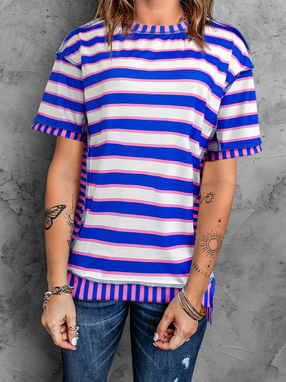 Full Size Contrast Stitching Striped Round Neck T-Shirt.