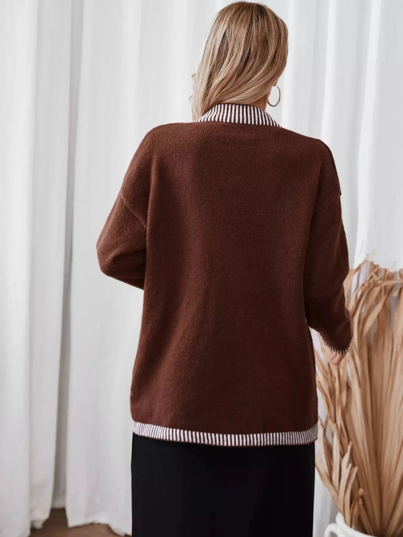 Striped Trim Button Front Pocket Knit Cardigan Simply Love