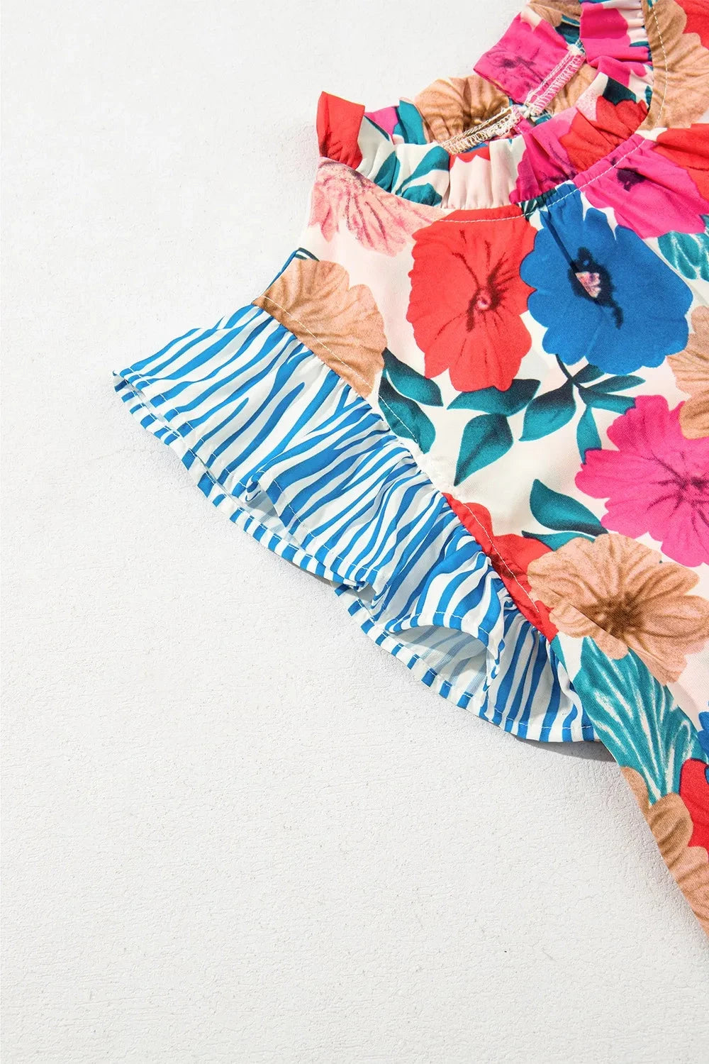 Floral Mock Neck Striped Cap Sleeve Blouse Simply Love