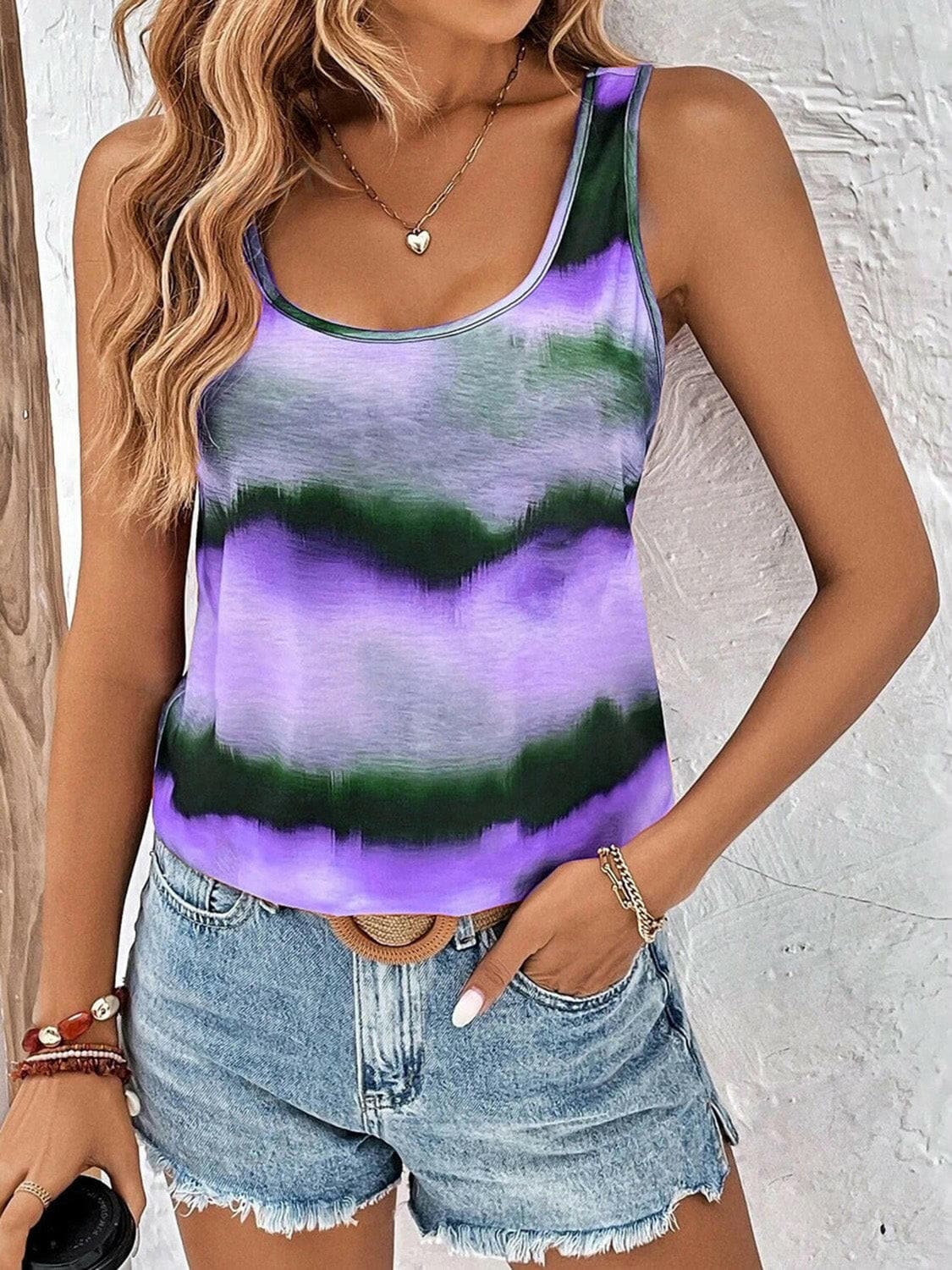 Tie-Dye Scoop Neck Wide Strap Tank.