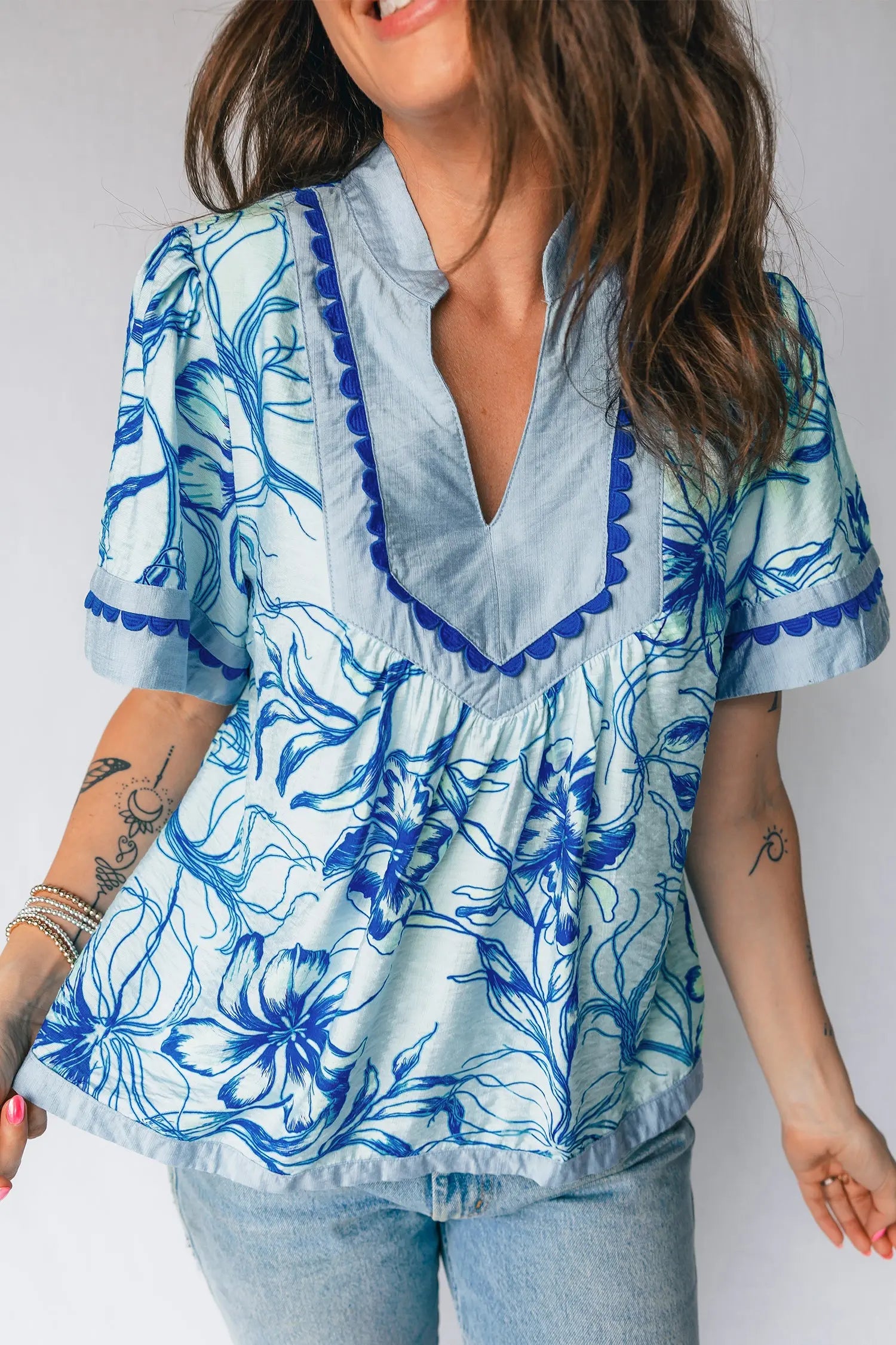Sky Blue Ricrac Trim Slit V Neck Short Sleeve Floral Blouse Dear-Lover Dropshipping