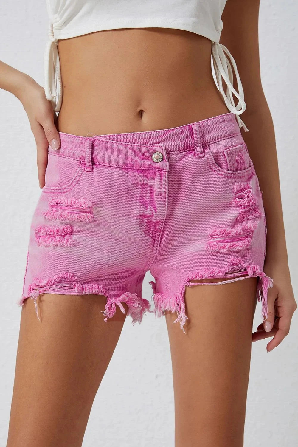 Crossover Cutie High Rise Distressed Denim Shorts Coco’s Tee Boutique