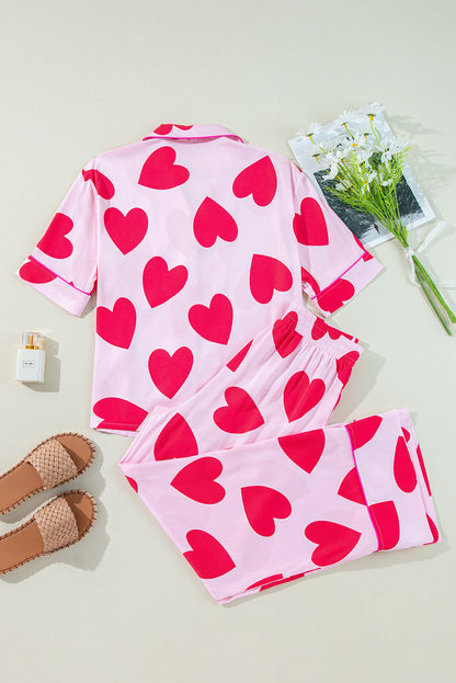 Pink Classic Heart Valentines Short Sleeve Pants Pajamas Set