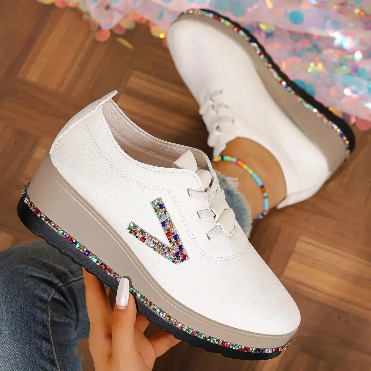 Rhinestone Round Toe Wedge Sneakers Simply Love