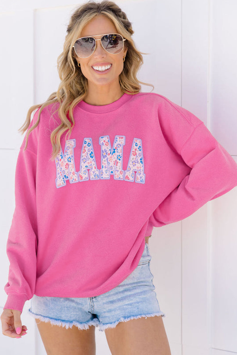 Floral mama embroidered pullover in rose red