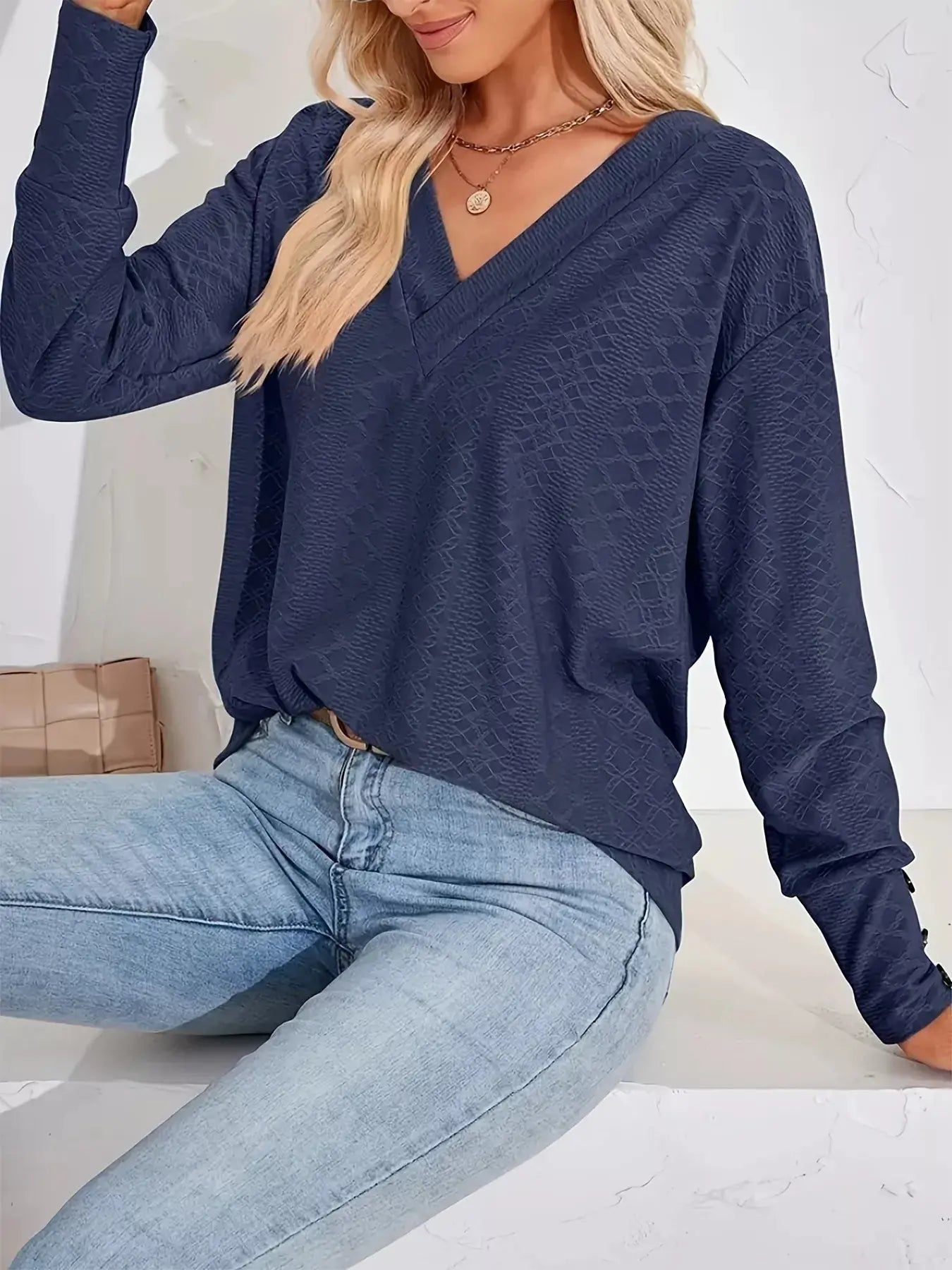 Plus Size V-Neck Textured Long Sleeve T-Shirt Simply Love