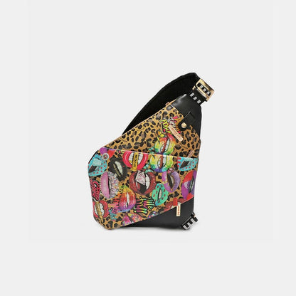 Vegan leather crossbody bag with leopard and lip pattern, Nicole Lee USA, adjustable strap, bold design.