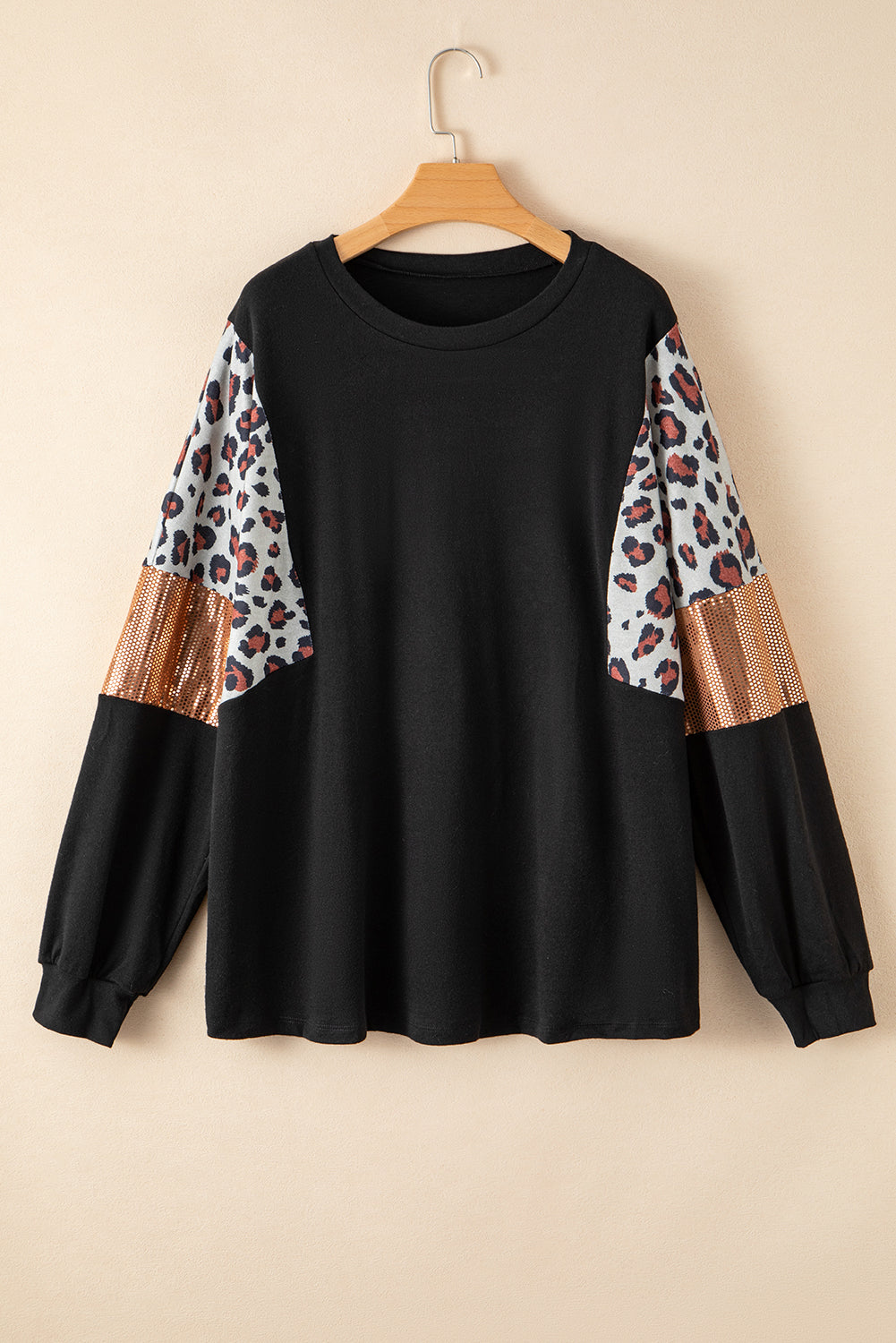 Leopard print sequin accent plus size long sleeve pullover