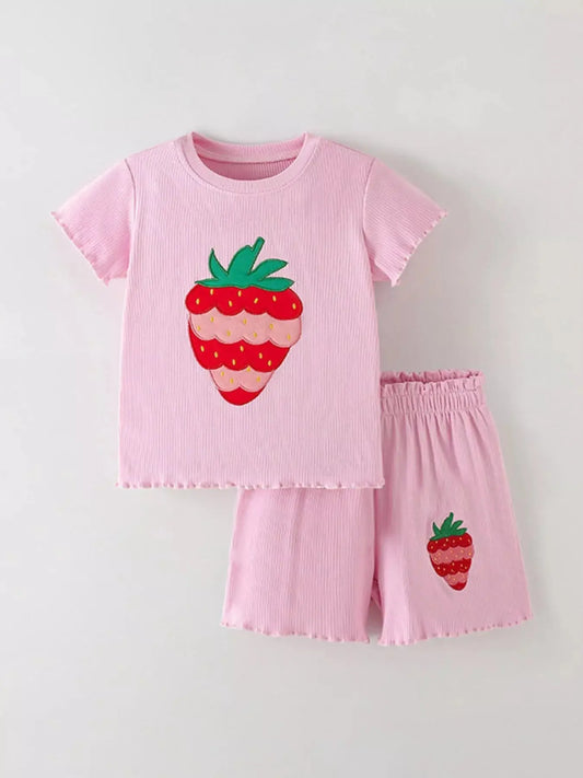 Children's Strawberry Round Neck Tee and Shorts Set Simply Love