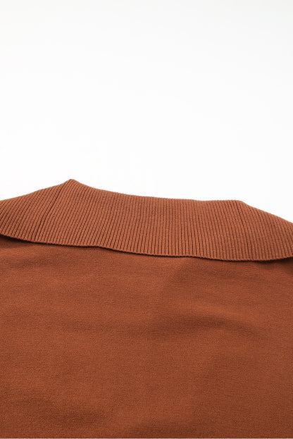 Chic brown zip collar sweater with ribbed trim for plus sizes