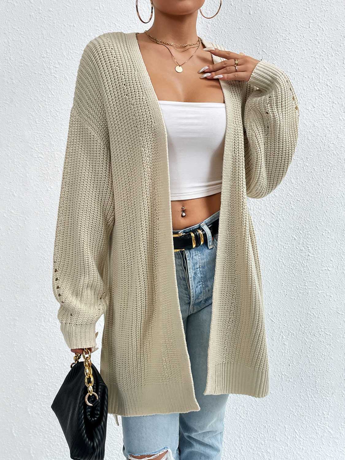 Open Front Dropped Shoulder Slit Cardigan.