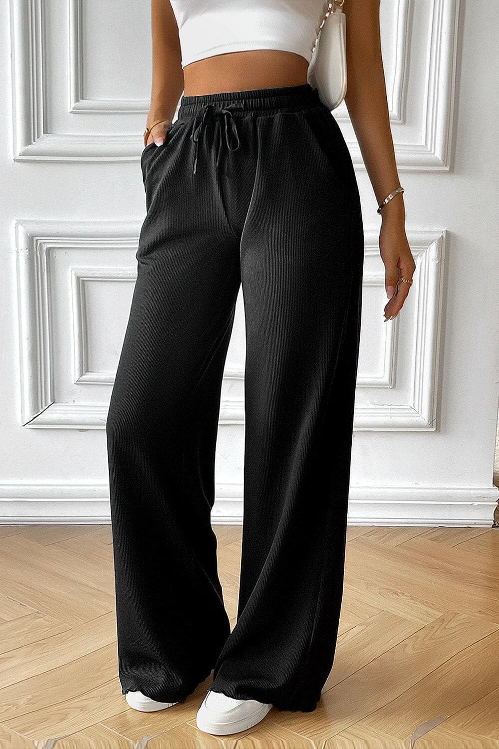 Drawstring Wide Leg Pants with Pocketed.