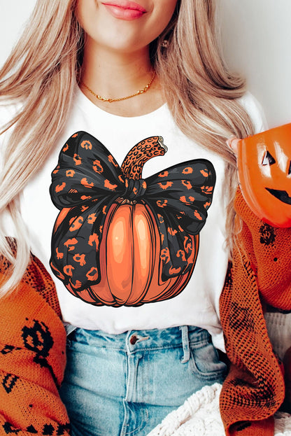 White pumpkin graphic t-shirt with bowknot detail for Halloween