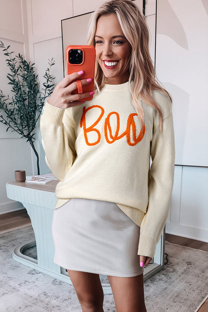 Cozy apricot "Boo" ribbed edge drop shoulder sweater