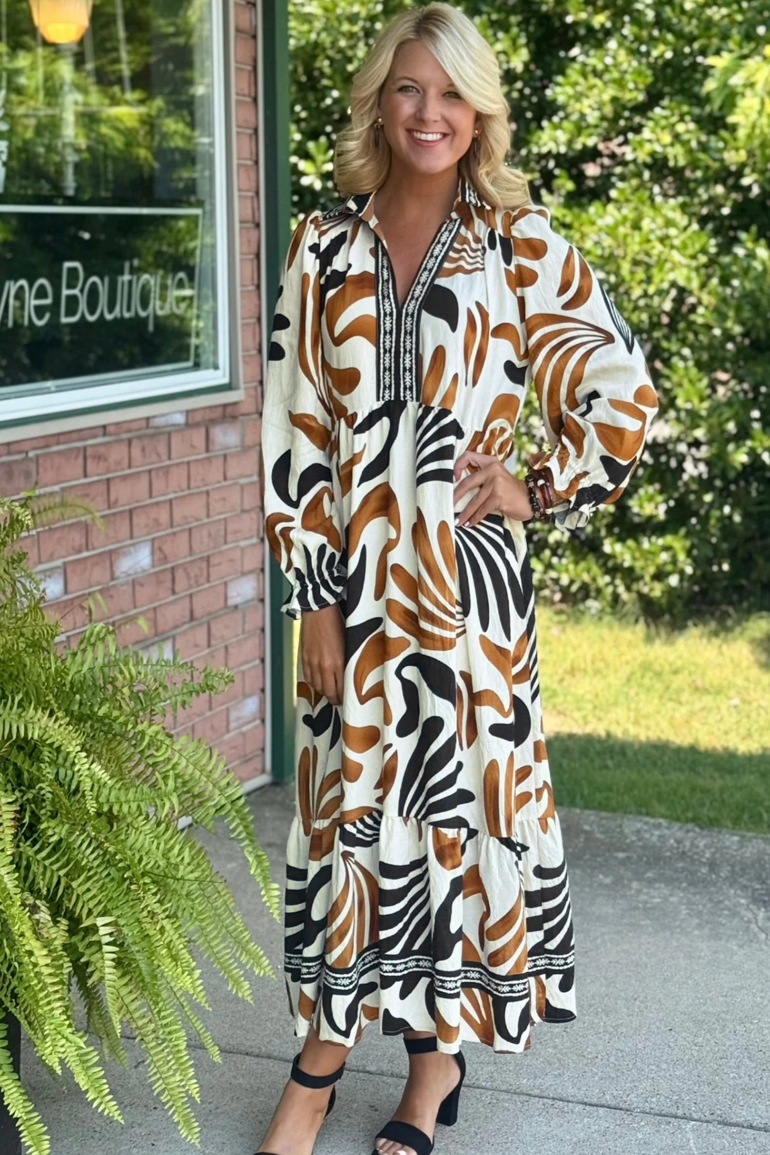 Brown Tropical Print Dress With Contrast Trim Neck Long Sleeve Ruffle Hem Dear-Lover Dropshipping