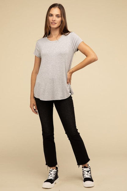 Flowy Round Hem Rayon Short Sleeve Top.