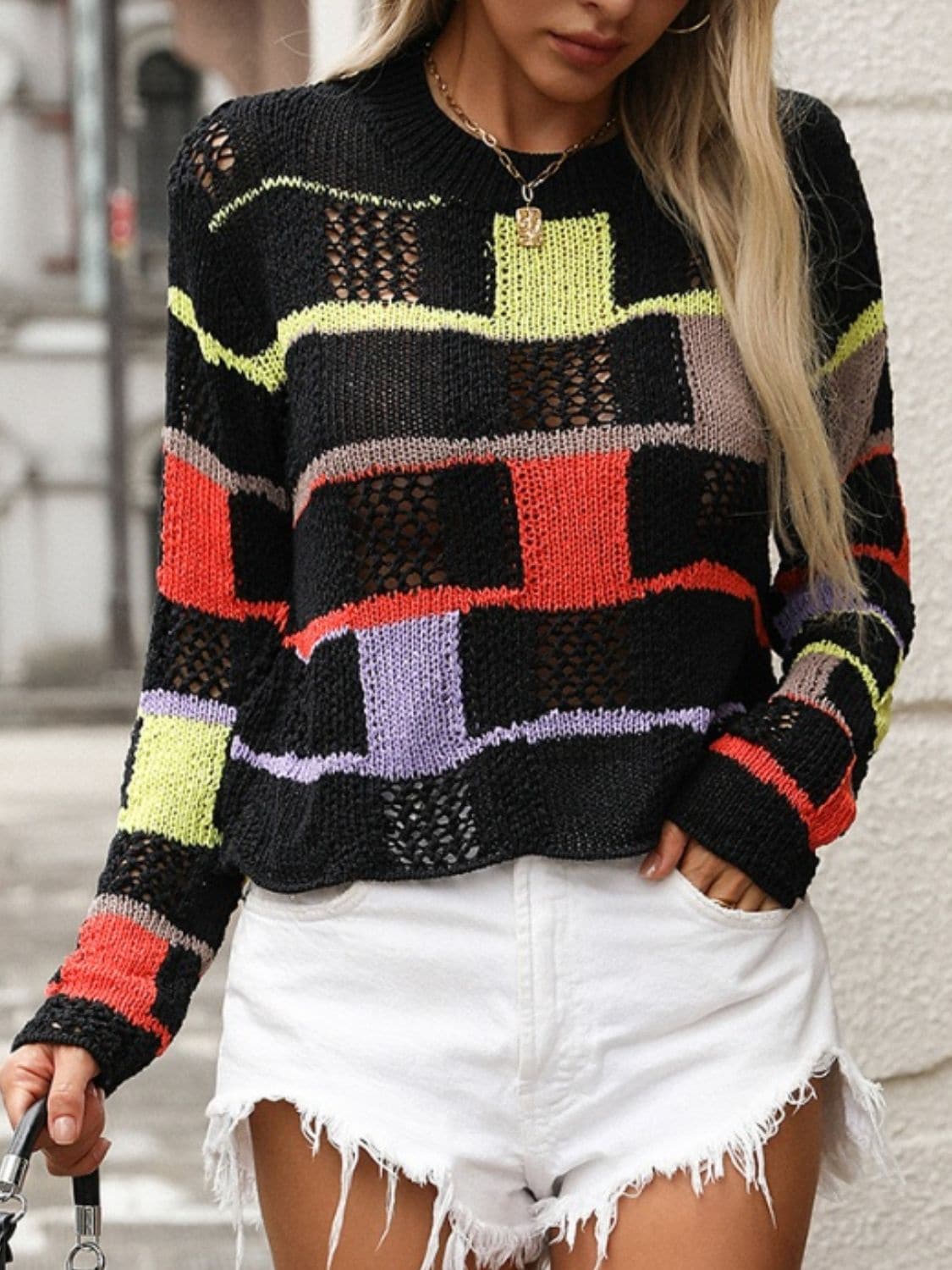 Openwork Color Block Round Neck Sweater.