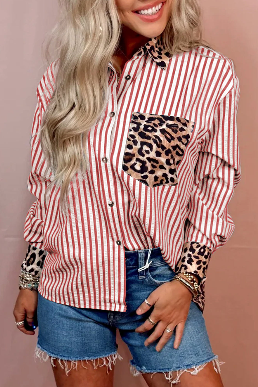 Racing Red Striped Leopard Print Patchwork Button Up Womens Shirt Dear-Lover Dropshipping