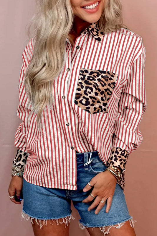 Racing Red Striped Leopard Print Patchwork Button Up Womens Shirt Dear-Lover Dropshipping