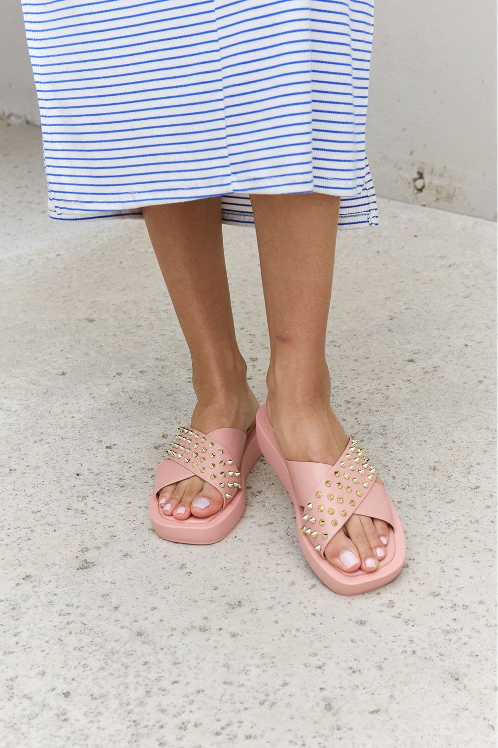 Forever Link Studded Cross Strap Sandals in Blush.