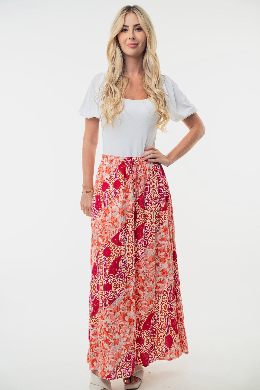 White Birch Full Size High Waisted Floral Woven Skirt.