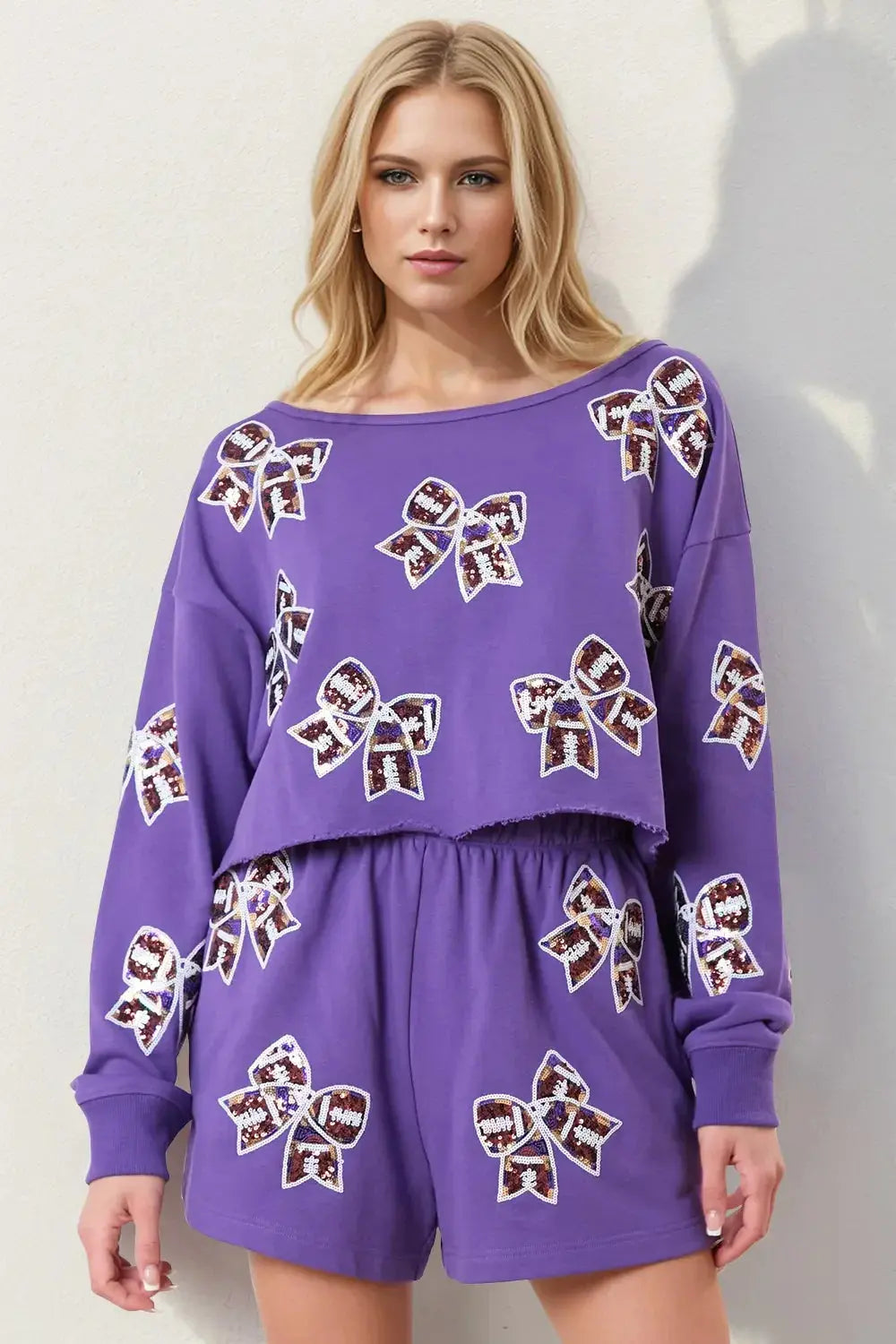 Double Take Sequin Bow Cropped Top and Shorts Set - Love Salve