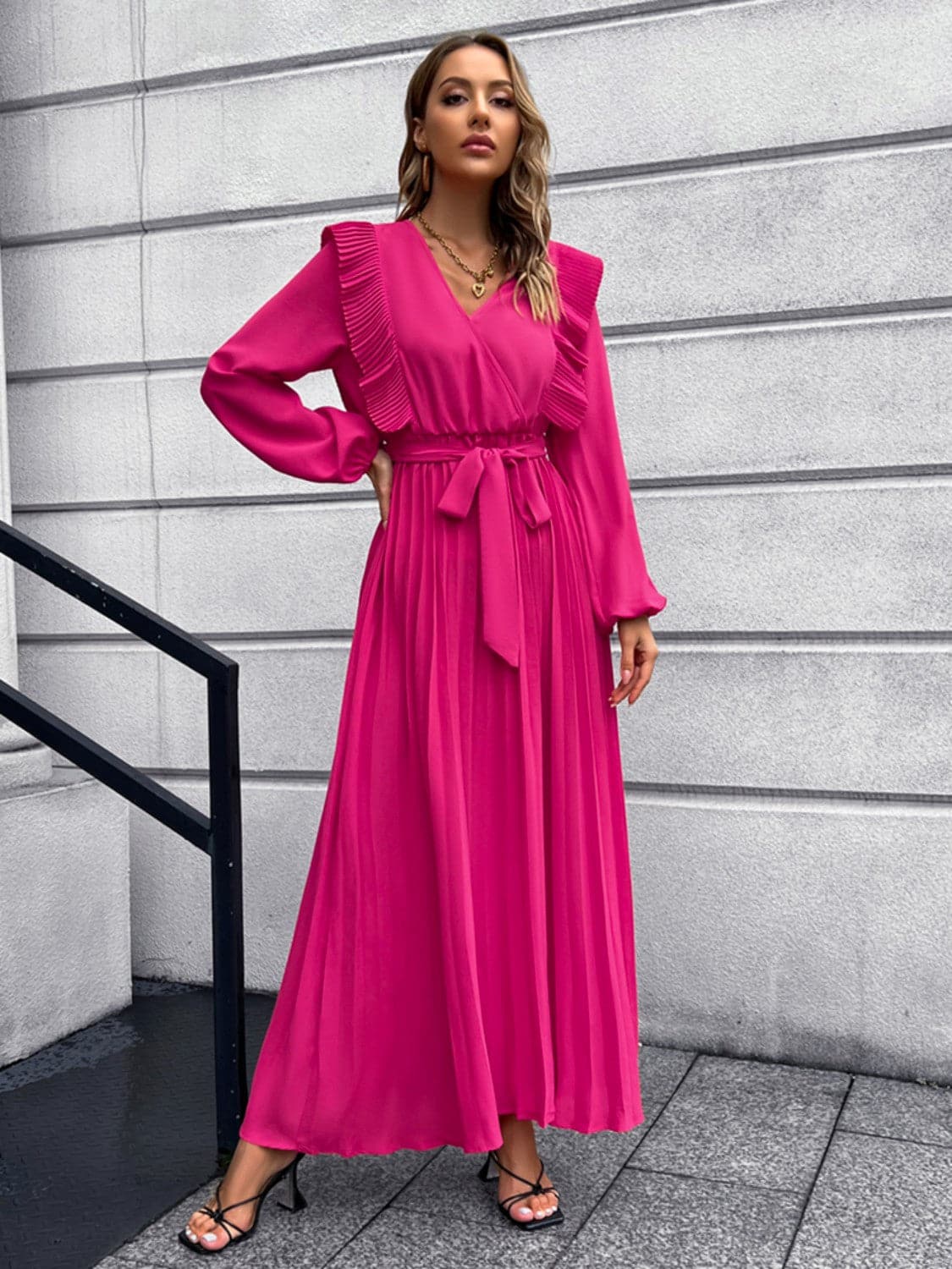 Pleated Surplice Tie Waist Maxi Dress.