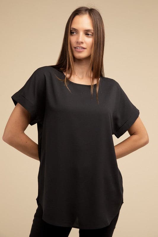 Woven Heavy Dobby Rolled Sleeve Boat Neck Top.