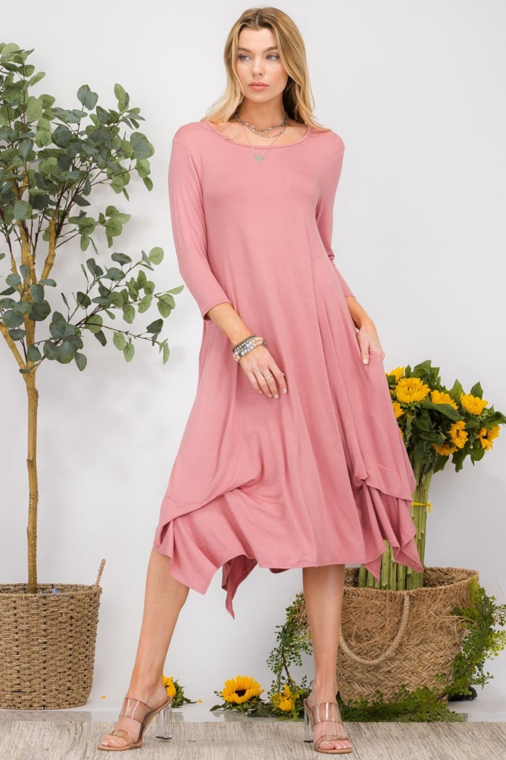 Celeste Full Size Pick-up Hem Asymmetric Midi Dress.