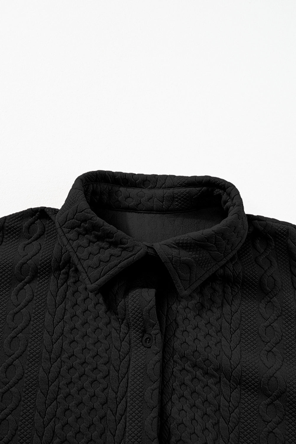 Premium Black Cable Texture Puff Sleeve Shacket Loose Fit Outerwear