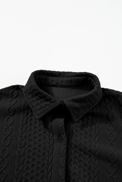Premium Black Cable Texture Puff Sleeve Shacket Loose Fit Outerwear