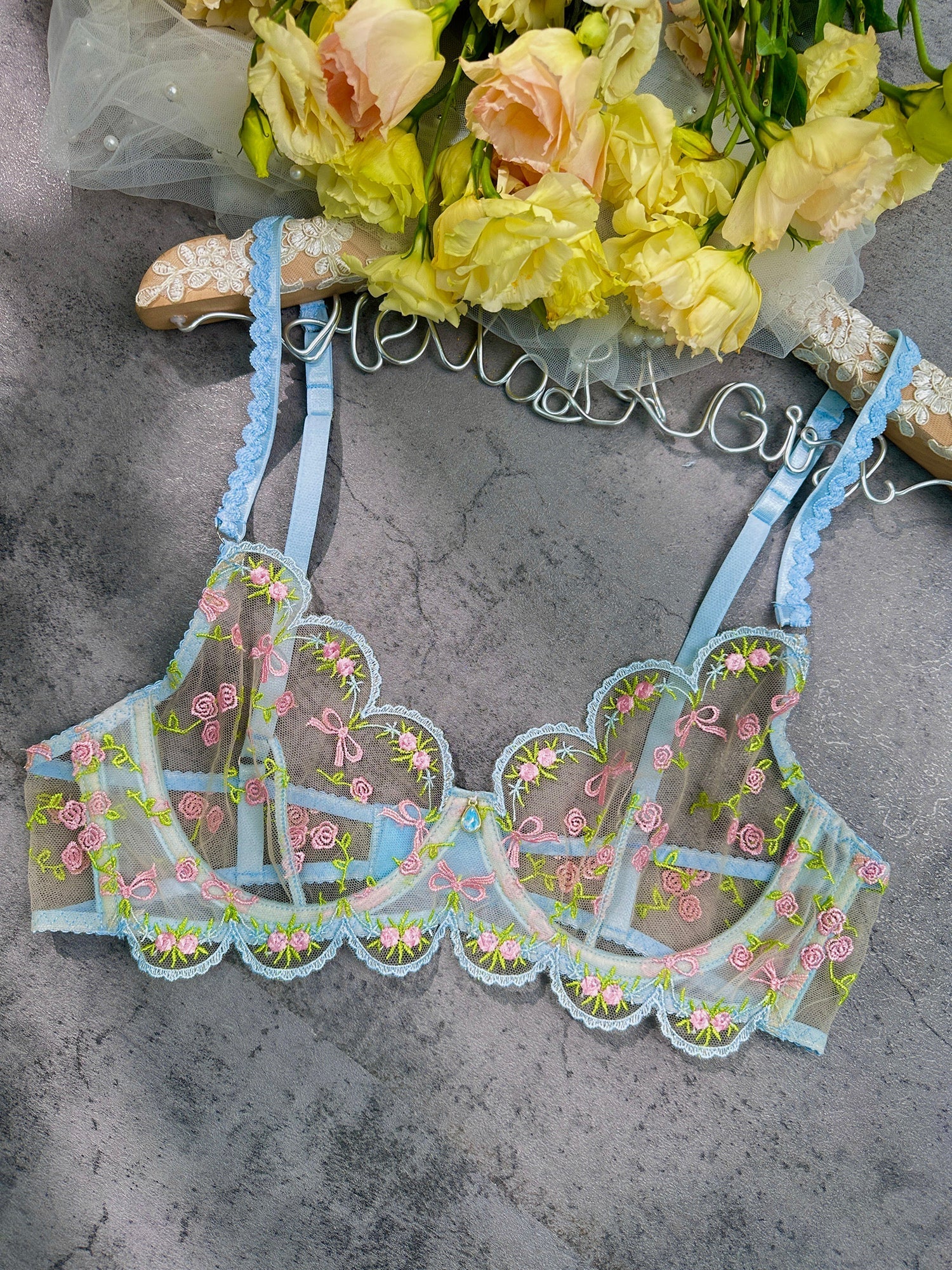Light Blue Floral Lace Lingerie Set With Rose Print Hello.LA.Girl