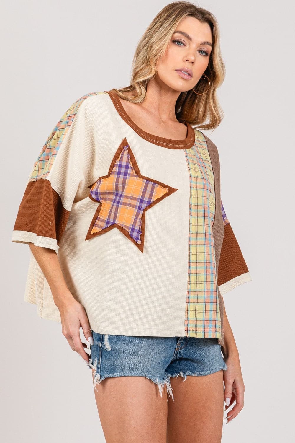 SAGE + FIG Round Neck Plaid Star Patch T-Shirt.