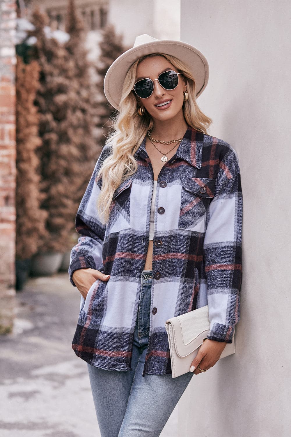 Plaid Long Sleeve Shirt Jacket with Pockets.