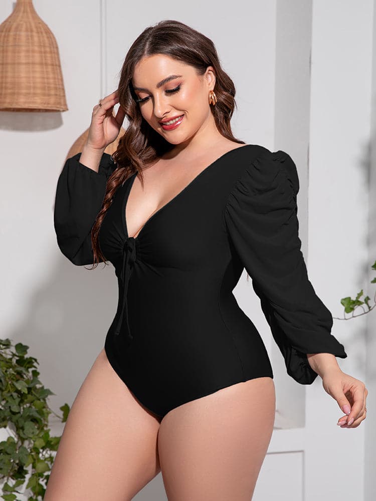 Plus Size Tied Deep V Balloon Sleeve One-Piece Swimsuit.