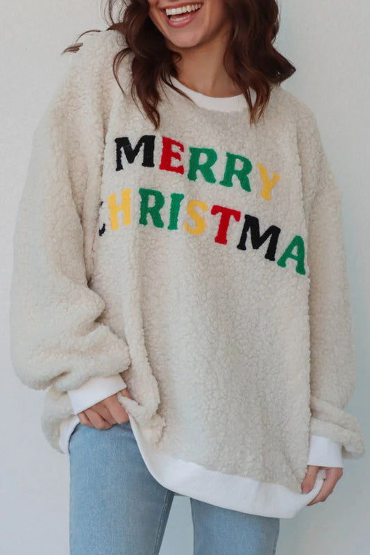 White MERRY CHRISTMAS Multicolor Embroidered Sherpa Pullover Sweatshirt Dear-Lover Dropshipping