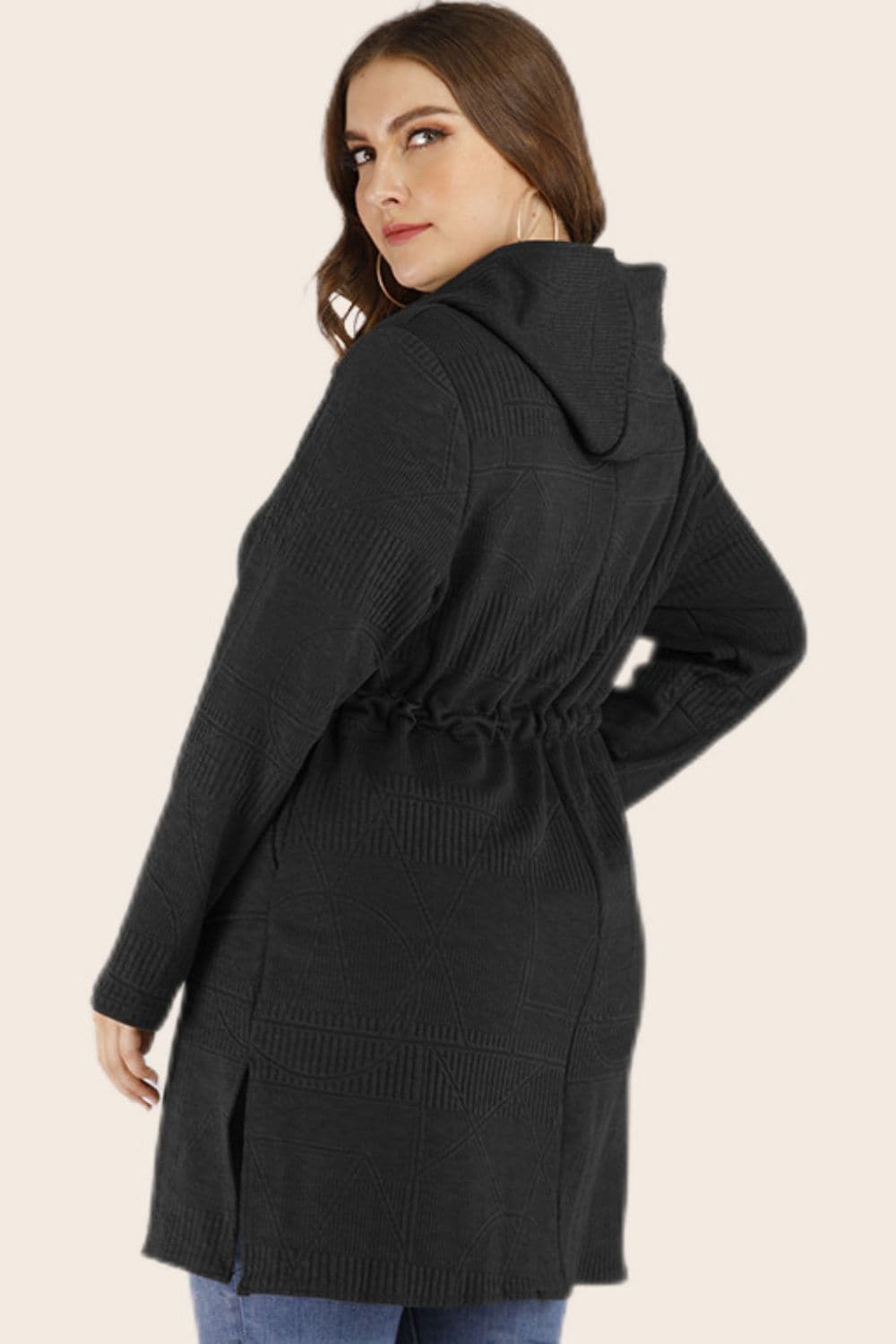 Plus Size Drawstring Waist Hooded Cardigan with Pockets.