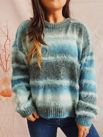 Striped Round Neck Long Sleeve Sweater.