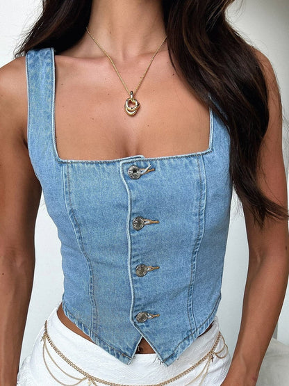 Smocked Square Neck Denim Top.