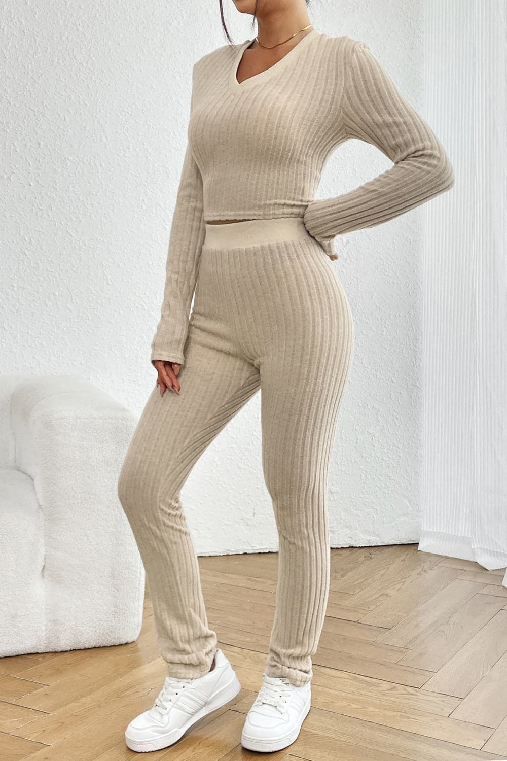 Ribbed V-Neck Long Sleeve Cropped Top and Pants Set.